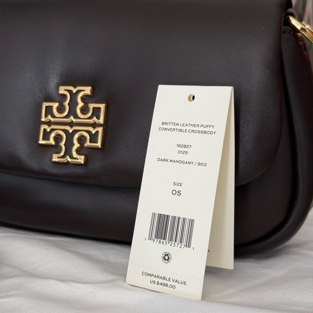 NEw tory burch BRITTEN LEATHER PUFFY CONVERTIBLE CROSSBODY DARK MAHOGANY - Picture 2 of 12